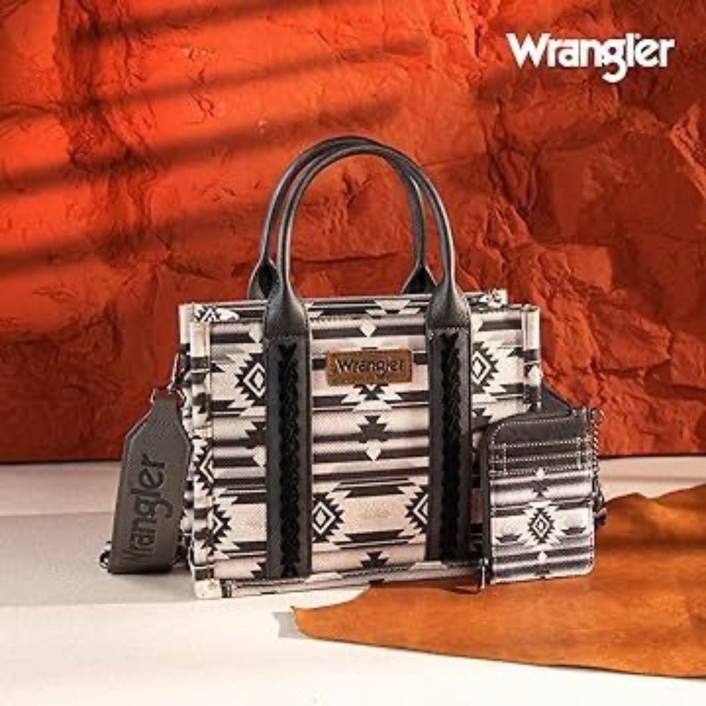 Wrangler Aztec Small Tote/Crossbody and Card Case Set 2Pc- Black